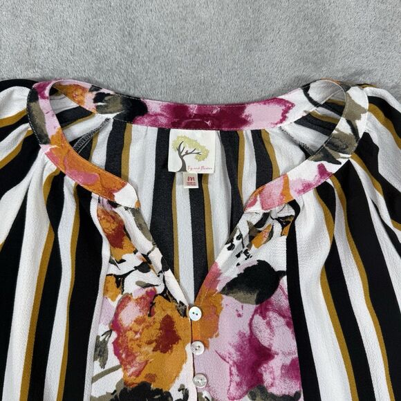 Fig & Flower Anthropologie Floral Boho Peasant Blouse Top Women's M White Stripe - Picture 3 of 8